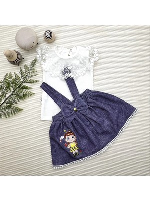 Beruflic 1-2-3 Yaş Bayan Arı Nakışlı Kot Desenli Etek Pamuklu Kumaş 2li Kız Bebek Salopet Takımı Lac