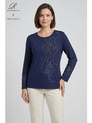 Ravencia Kadın Sarmal Yaprak Desenli Yaka ve Etek Taşlı Işlemeli Yırtmaçlı Likralı Anne Penye Bluz