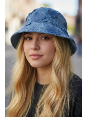 Zurafa Shop Kadın Mavi Kot Kalp Detaylı Şapka - Tasarım Denim Aksesuar