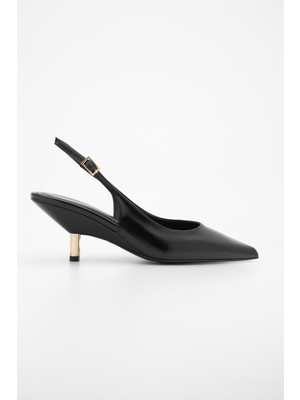Marjin Kadın Stiletto Sivri Burun Arkası Açık Atkılı Altın Metal Kısa Ökçe Klasik Topuklu Ayakkabı Rente Siyah
