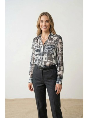 Hiccup Kadınlar MY FASHION Geometrik Desenli Düğmeli Gömlek Siyah