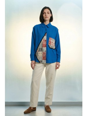 Hiccup Kadın My Fashıon Geometrik Desenli Keten Karışımlı Düğmeli Gömlek Kobalt Mavisi