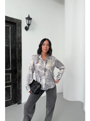 Hiccup Kadınlar MY FASHION Soyut Baskılı Düğmeli Gömlek Gri