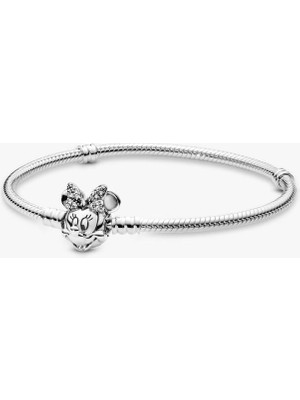 Disney Pandora Moments Pavé Minnie Mouse Tokalı Yılan Zincir Bileklik 925 Ayar Gümüş