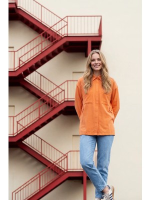 Hiccup Kadın My Fashıon Cep Detaylı Keten Karışımı Klasik Gömlek Balkabağı Portakalı