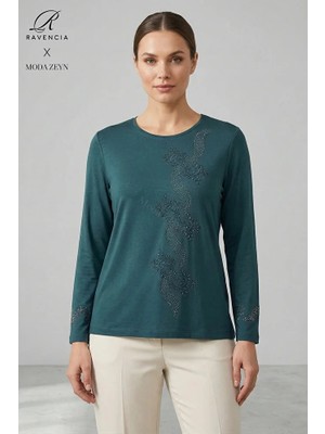 Ravencia Kadın Sarmal Yaprak Desenli Yaka ve Etek Taşlı Işlemeli Yırtmaçlı Likralı Anne Penye Bluz
