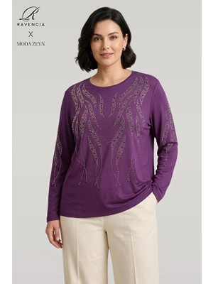 Ravencia Kadın Sarmal Çubuk Desenli Yaka ve Etek Taşlı Işlemeli Yırtmaçlı Likralı Anne Penye Bluz
