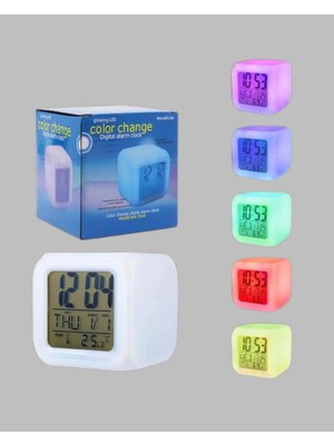 My Best Store 7 Renk LED Işıklı Alarmlı Dijital Küp Masa Saati Termometreli