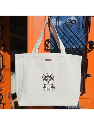 Bumudur Aksesuar Sevimli Siberian Husky Yavru Cute Puppy Baskılıı Naturel Kanvas Bez Çanta Sap Beyaz Cırt Cırtlı Suluk Tutuculu - Küçük