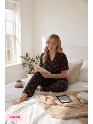 Seamlife Kadın Büyük Beden Viskon Gömlek Yaka Önden Düğmeli Göğüs Cepli Mevsimlik Kısa Kol Pijama Takımı