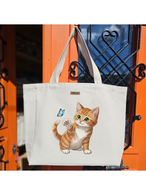 Bumudur Aksesuar Uçan Kelebeği Takip Eden Sevimli Kedi Baskılıı Naturel Kanvas Bez Çanta Sap Beyaz Cırt Cırtlı Suluk Tutuculu - Büyük