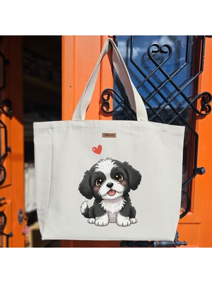 Bumudur Aksesuar Sevimli Siyah Beyaz Köpek ve Kalp Cute Black And White Dog Baskılıı Naturel Kanvas Bez Çanta Sap Cırt Cırtlı Suluk Tutuculu - Büyük