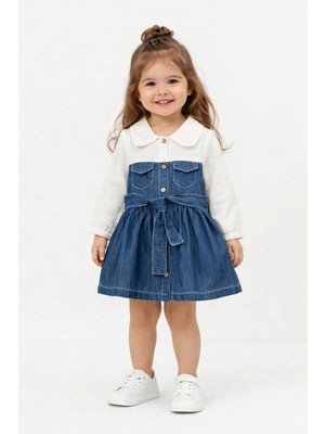 Overdo Dolce Denim Kız Çocuk Elbise %100 Pamuk Müslin Üst, Kot Alt, Açık Mavi & Koyu Mavi 1-4 Yaş