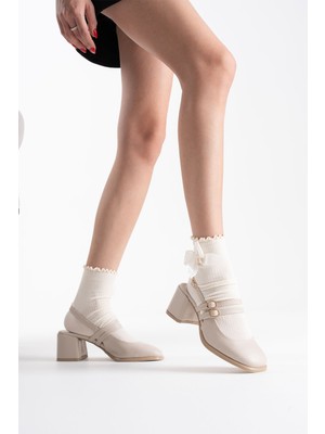 Alfaze Bej Cilt Kemerli Zarif Şık Kalın Topuklu Ayakkabı