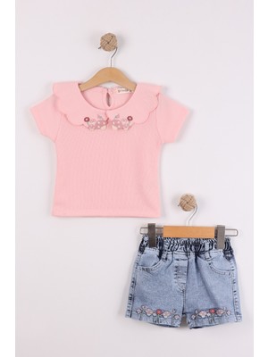 Joy Kids Kız Çocuk Yakası Mantar Detaylı Kot Şortlu Takım (Pembe)