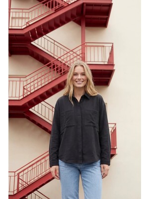 Hiccup Kadın My Fashıon Cep Detaylı Keten Karışımı Klasik Gömlek Siyah