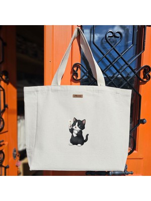 Bumudur Aksesuar Dandelion ile Oynayan Şirin Kedi Baskılıı Naturel Kanvas Bez Çanta Sap Beyaz Cırt Cırtlı Suluk Tutuculu - Küçük