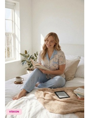 Bie's Kadın Büyük Beden Viskon Gömlek Yaka Önden Düğmeli Göğüs Cepli Mevsimlik Kısa Kol Pijama Takımı