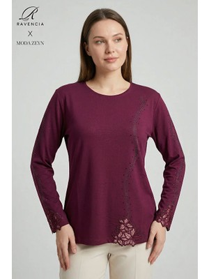 Ravencia Kadın Dantelli Sarmal Şerit Desenli Nakış Işlemeli Taşlı Yırtmaçlı Likralı Anne Penye Bluz