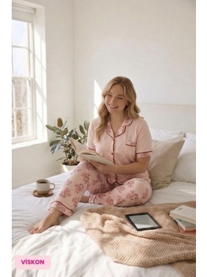 Bie's Kadın Büyük Beden Viskon Gömlek Yaka Önden Düğmeli Göğüs Cepli Mevsimlik Kısa Kol Pijama Takımı