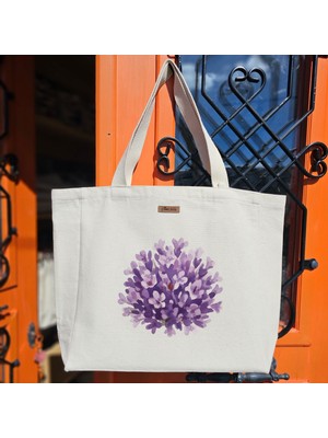 Bumudur Aksesuar Lavanta Buketi Su Renkli Tasarım Lavender Bouquet Baskılıı Naturel Kanvas Bez Çanta Sap Beyaz Cırt Cırtlı Suluk Tutuculu - Büyük