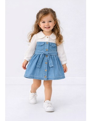 Overdo Dolce Denim Kız Çocuk Elbise %100 Pamuk Müslin Üst, Kot Alt, Açık Mavi & Koyu Mavi 1-4 Yaş