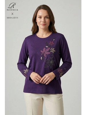 Ravencia Kadın Renkli Çiçek Yaprak Desenli Yaka ve Etek Taşlı Işlemeli Yırtmaçlı Likralı Anne Penye Bluz