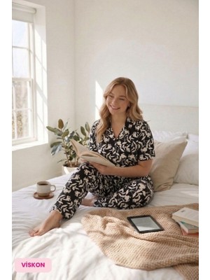 Seamlife Kadın Büyük Beden Viskon Gömlek Yaka Önden Düğmeli Göğüs Cepli Mevsimlik Kısa Kol Pijama Takımı