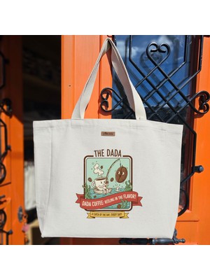 Bumudur Aksesuar Dada Kahvesi Lezzeti Yakala Baskılıı Naturel Kanvas Bez Çanta Sap Beyaz Cırt Cırtlı Suluk Tutuculu - Büyük