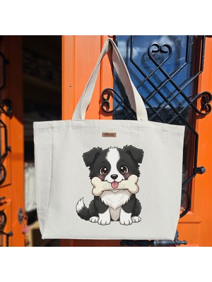 Bumudur Aksesuar Sevimli Sakar Köpek Cute Dog Baskılıı Naturel Kanvas Bez Çanta Sap Beyaz Cırt Cırtlı Suluk Tutuculu - Büyük