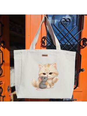 Bumudur Aksesuar Sevimli Kedi ve Fare Dostluğu Cute Cat And Mouse Friendship Krem Gri Hayvanlar Baskılıı Naturel Kanvas Bez Çanta Sap Beyaz Cırt Cırtlı Suluk Tutuculu - Büyük
