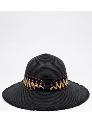 Mollycrush Etnik Motifli Siyah Kadın Hasır Şapka - Doğal Saçaklı Geniş Kenar Yazlık Güneş Koruyucu Fötr