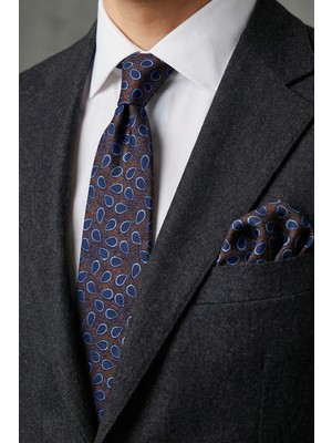 Milleniva Damla Desen Kahverengi Mavi Kravat & Mendil