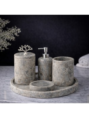 Akm Dekor Silver Traverten 5'li Mermer Banyo Seti