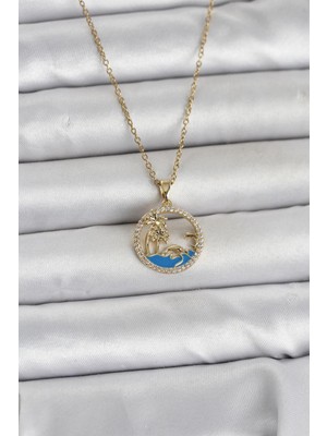 HERŞEYBURDAMODA Çelik Zincir Gold Renk Zirkon Taşlı Deniz Temalı Kadın Kolye