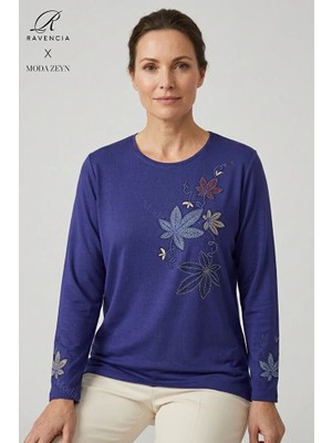 Ravencia Kadın Renkli Çiçek Yaprak Desenli Yaka ve Etek Taşlı Işlemeli Yırtmaçlı Likralı Anne Penye Bluz