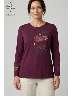 Ravencia Kadın Renkli Çiçek Yaprak Desenli Yaka ve Etek Taşlı Işlemeli Yırtmaçlı Likralı Anne Penye Bluz