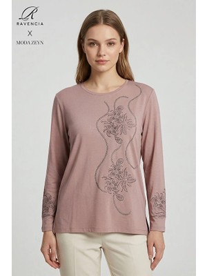 Ravencia Kadın Sarmal Yaprak Desenli Yaka ve Etek Taşlı Işlemeli Yırtmaçlı Likralı Anne Penye Bluz