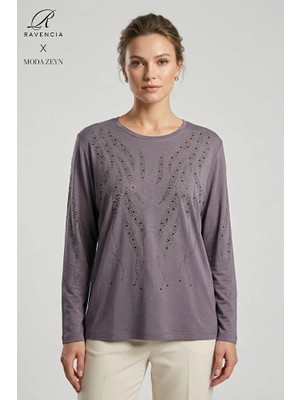 Ravencia Kadın Sarmal Çubuk Desenli Yaka ve Etek Taşlı Işlemeli Yırtmaçlı Likralı Anne Penye Bluz