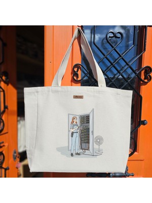 Bumudur Aksesuar Veri Merkezi Bakımında Kadın Teknisyen Data Center Technician Baskılıı Naturel Kanvas Bez Çanta Sap Beyaz Cırt Cırtlı Suluk Tutuculu - Büyük