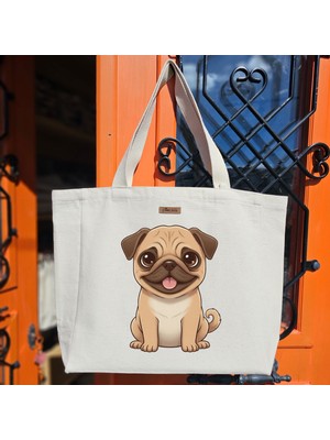 Bumudur Aksesuar Sevimli Pug Karakteri Cute Character Baskılıı Naturel Kanvas Bez Çanta Sap Beyaz Cırt Cırtlı Suluk Tutuculu - Büyük