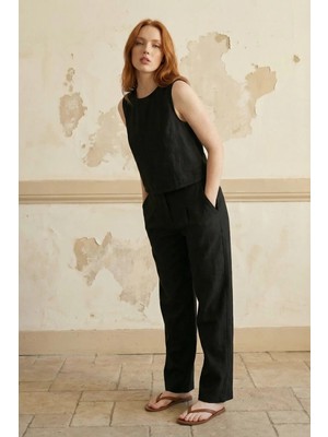 Hiccup Kadın My Fashıon Keten Karışımlı Bluz & Pantolon Ikili Takım, Cepli Siyah