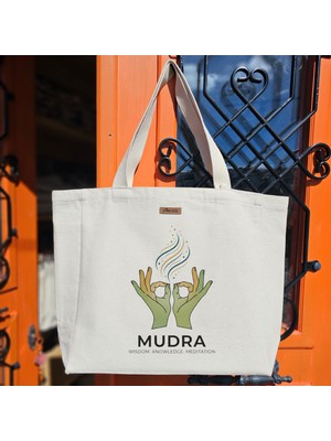 Bumudur Aksesuar Meditasyon ve Bilgelik Için Mudra Tasarımı Bilgi Baskılıı Naturel Kanvas Bez Çanta Sap Beyaz Cırt Cırtlı Suluk Tutuculu - Büyük
