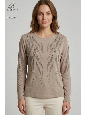 Ravencia Kadın Sarmal Çubuk Desenli Yaka ve Etek Taşlı Işlemeli Yırtmaçlı Likralı Anne Penye Bluz