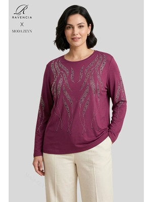 Ravencia Kadın Sarmal Çubuk Desenli Yaka ve Etek Taşlı Işlemeli Yırtmaçlı Likralı Anne Penye Bluz