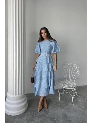 Infivento Bebe Mavi Kat Kat Balon Kollu Kemerli Elbise