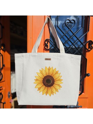 Bumudur Aksesuar Günebakan Çiçeği Deseni Sunflower Design Baskılıı Naturel Kanvas Bez Çanta Sap Beyaz Cırt Cırtlı Suluk Tutuculu - Büyük