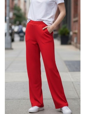 Evavi Kadın Şardonsuz Kırmızı Bol Paça Eşofman Altı