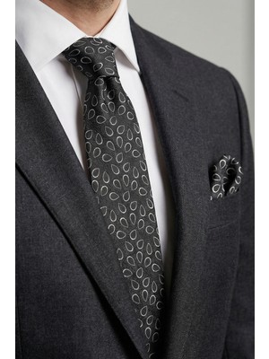 Milleniva Damla Desen Siyah Gümüş Kravat & Mendil