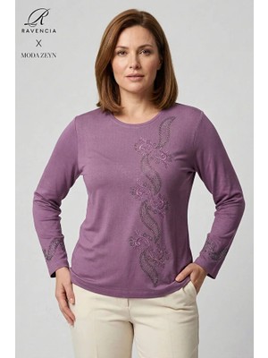 Ravencia Kadın Sarmal Yaprak Desenli Yaka ve Etek Taşlı Işlemeli Yırtmaçlı Likralı Anne Penye Bluz